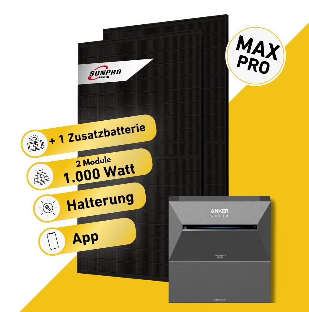 Balkonstrom Balkonkraftwerk 1000W Solaranlage mit Speicher | 1xZusatzspeicher | 2xSolarmodul Bifazial | Anker Solix 3 Pro | Kabel 15m