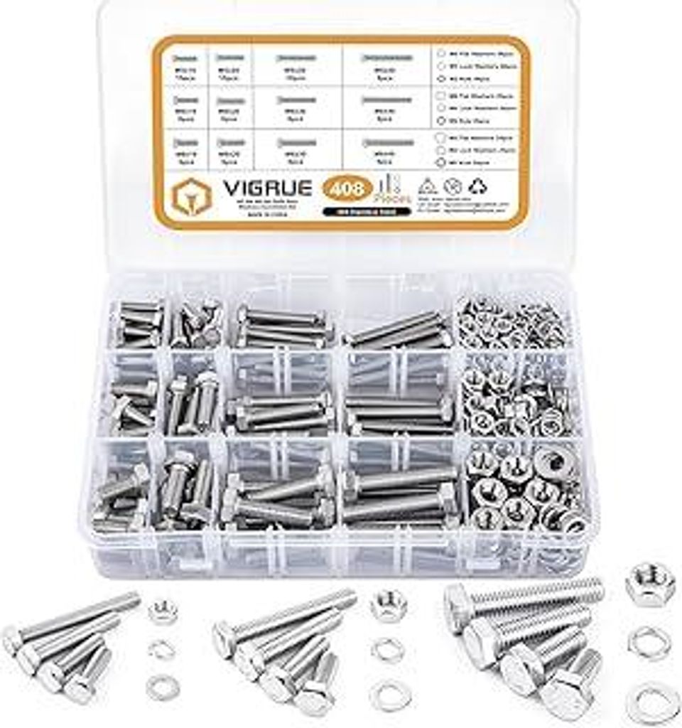 VIGRUE 408 Stück M5 M6 M8 Sechskantschrauben Edelstahl A2 Schrauben Set mit Muttern Unterlegscheiben DIN933 Bolzen Vollgewindeschrauben Maschinens...