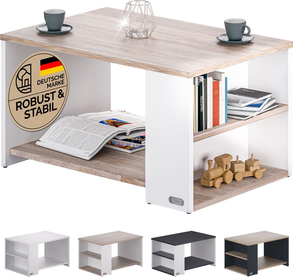 CASARIA® Couchtisch Weiß Eiche Holz mit Stauraum 2 Fächer Produktbild 1