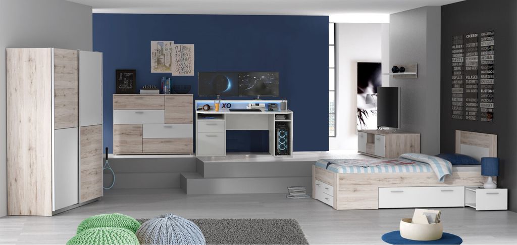 Jugendzimmer Steffie mit Gamertisch 5 teiliges komplett Gaming Zimmer in Sandeiche und Weiß
