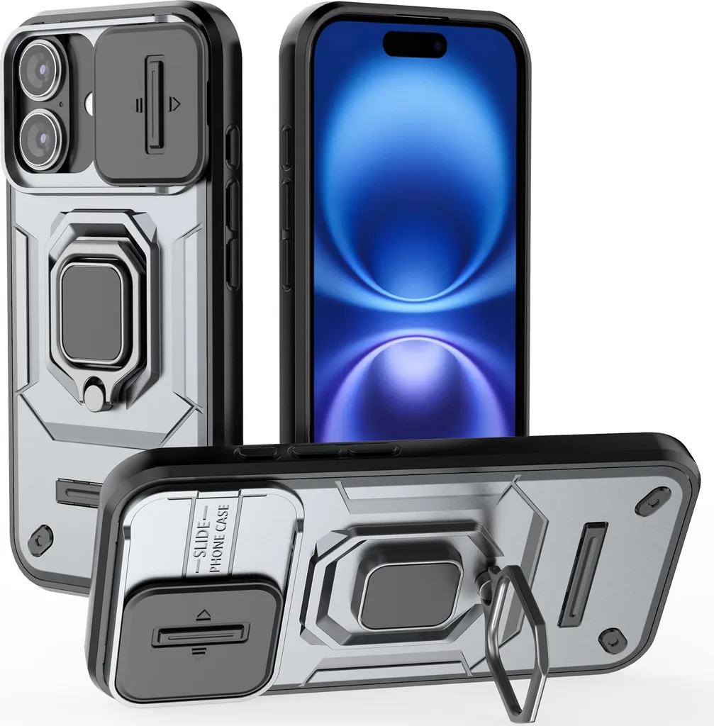 Cover Rugged iPhone 16 Plus Grigio: Doppio Strato con Stand e Slider Cam