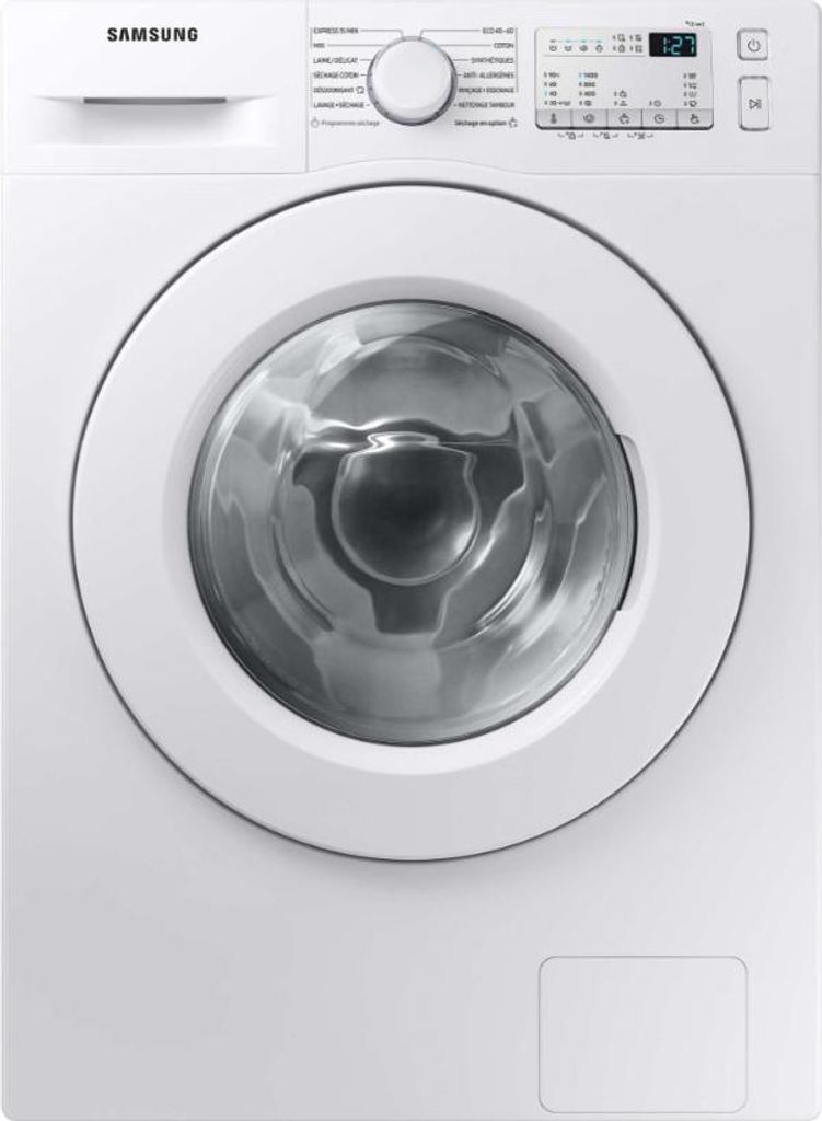 Front view of a white Samsung washing machine.