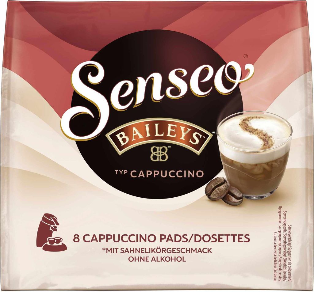 A package of Senseo Baileys Cappuccino coffee pads.