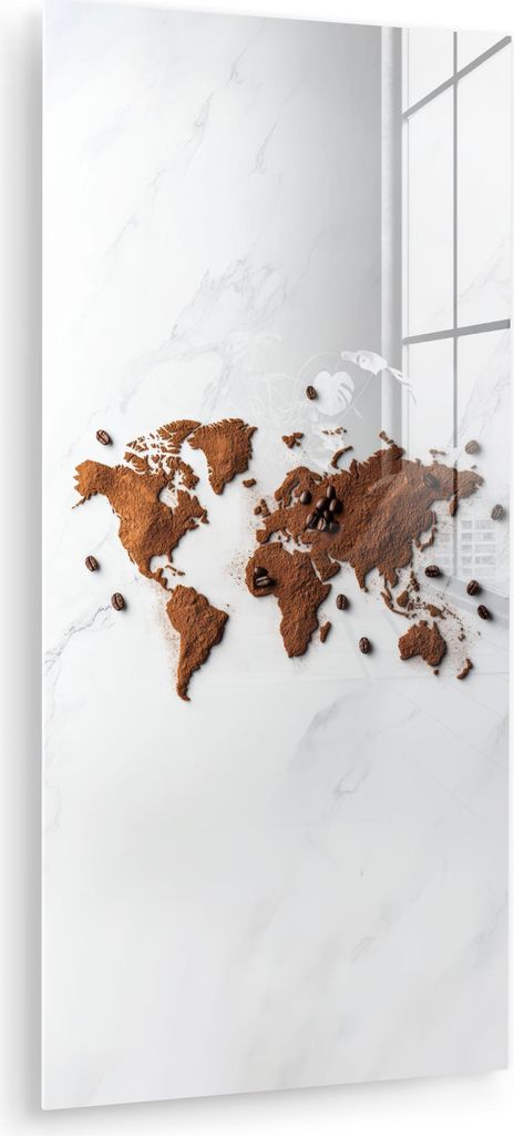 MuchoWow Glasbilder - Bilder auf Wandbild - Foto auf Glas Weltkarte - Kaffee - Marmor 60x120 cm Wanddekoration aus Glas - Acrylglasbild - Acrylbild...