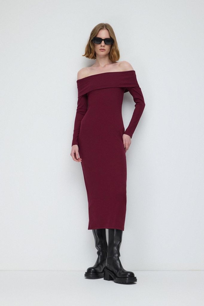 Schulterfreies Cord-Midikleid, Burgundy, M