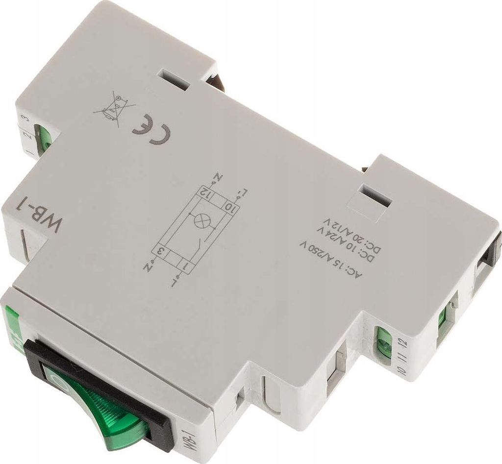 A close-up, slightly angled view of a white electrical switch with a green toggle, set against a light gray background.