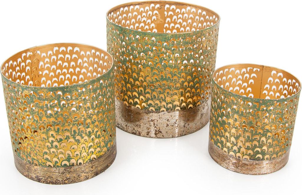 Logbuch-Verlag 3 Windlichter aus Metall kleine Laternen Kerzenhalter Gold grün Balkon Terrasse Deko Geschenk-Set 8-12 cm