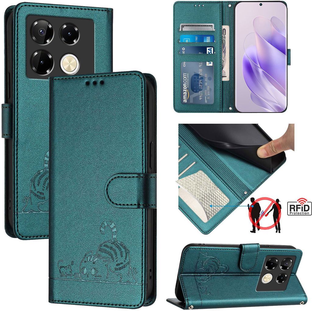 Leder Hülle für Infinix Note 40 Pro 5G Süße Katze Flip Case Brieftasche Schutzhülle mit Standfunktion Grün