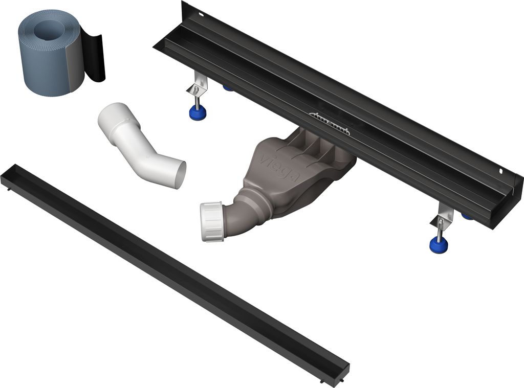 Aquabad Slim Wall Schwarz Matt Duschrinne 90cm mit befliesbarer Blende, inkl. Haarsieb und Viega Ablaufgarnitur