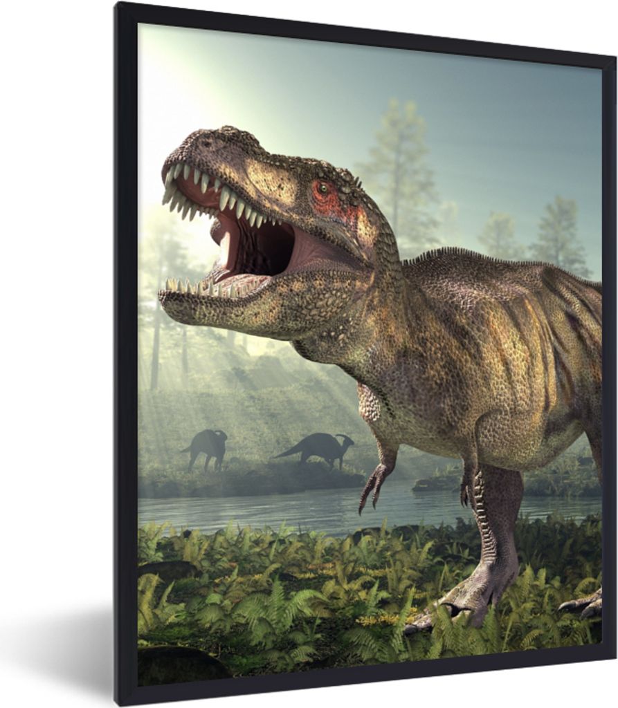 MuchoWow Gerahmtes Poster Dino - Gras - Zeichnung - Kinder - Jungen 60x80 cm - Poster mit Schwarzem Bilderrahmen Wandposter Rahmen Foto Bilder - ...