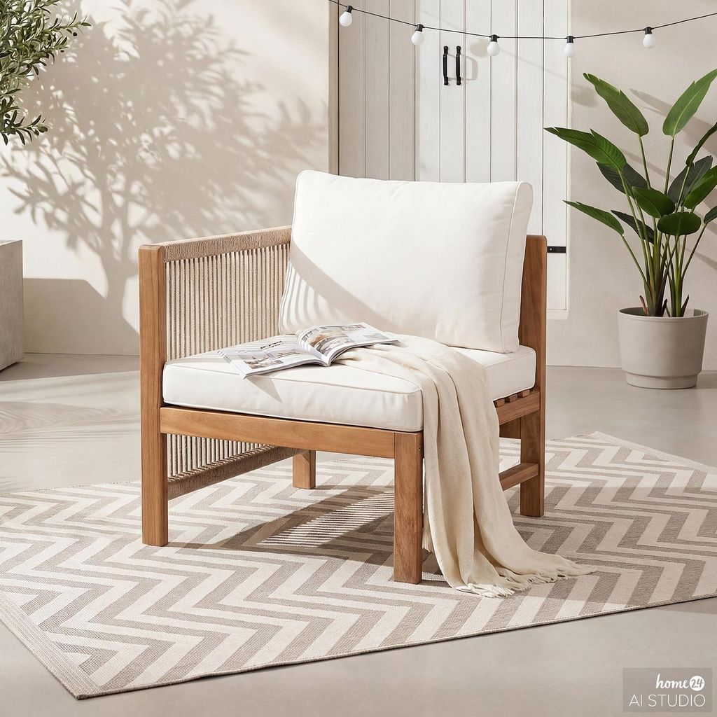 home24 Loungesessel mit 1 Armlehne - Akazie Massiv / Polyester - Braun / Beige