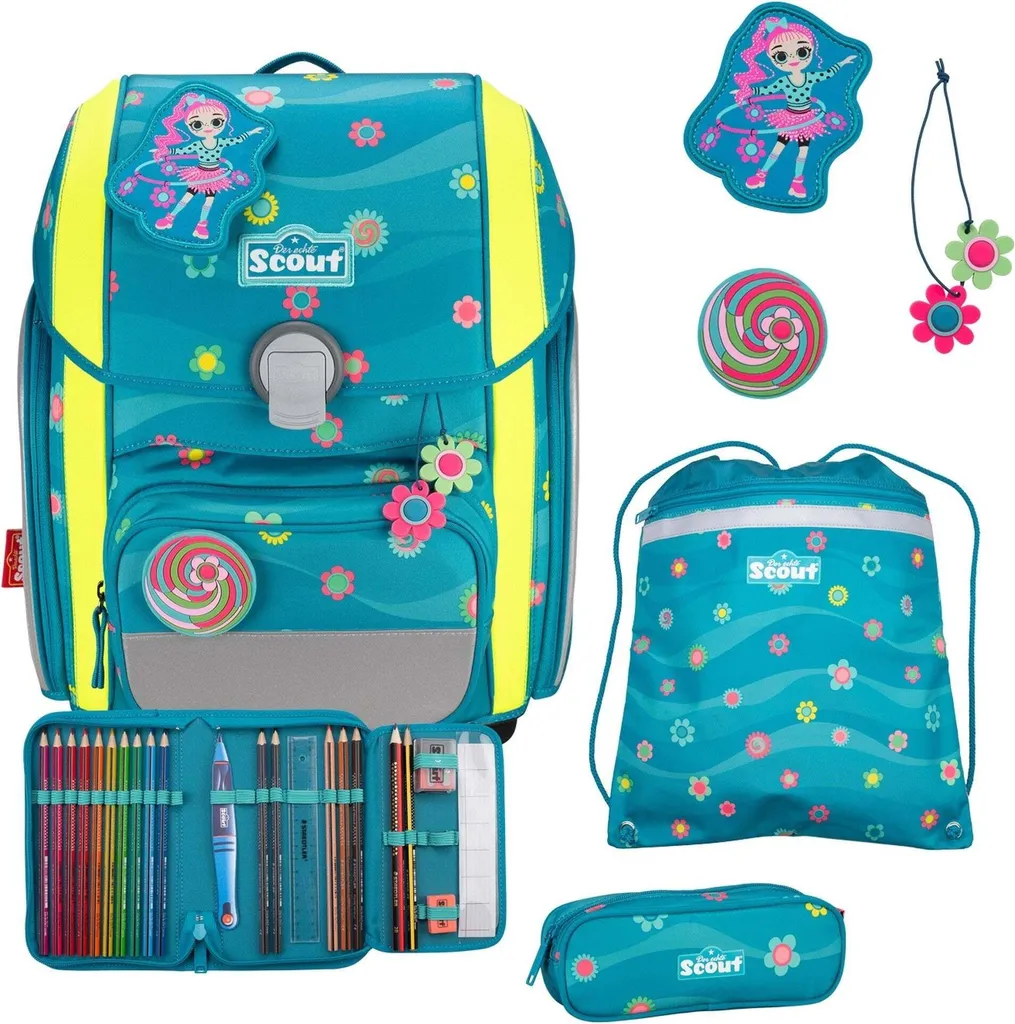 Scout Basic Genius Set 4 pièces Little Flowers bleu pétrole sac d'école