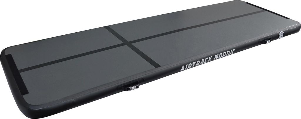 A dark gray inflatable mat with black lines and branding, isolated on a white background.