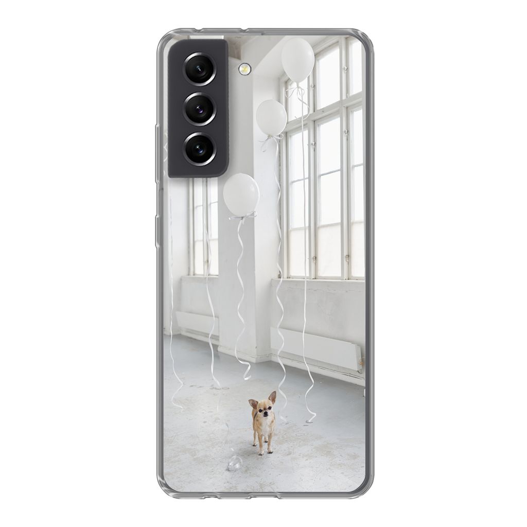MuchoWow Handyhülle Schutzhülle Hülle für Samsung Galaxy S21 FE Hund - Weiß - Luftballon Silikon Softcase Handy Hülle - Mobiltelefonhülle