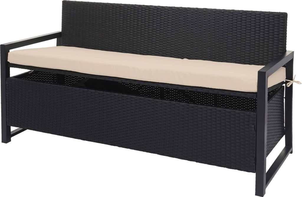 A black poly-rattan bench with a beige cushion, shown from a slight angle against a white background.