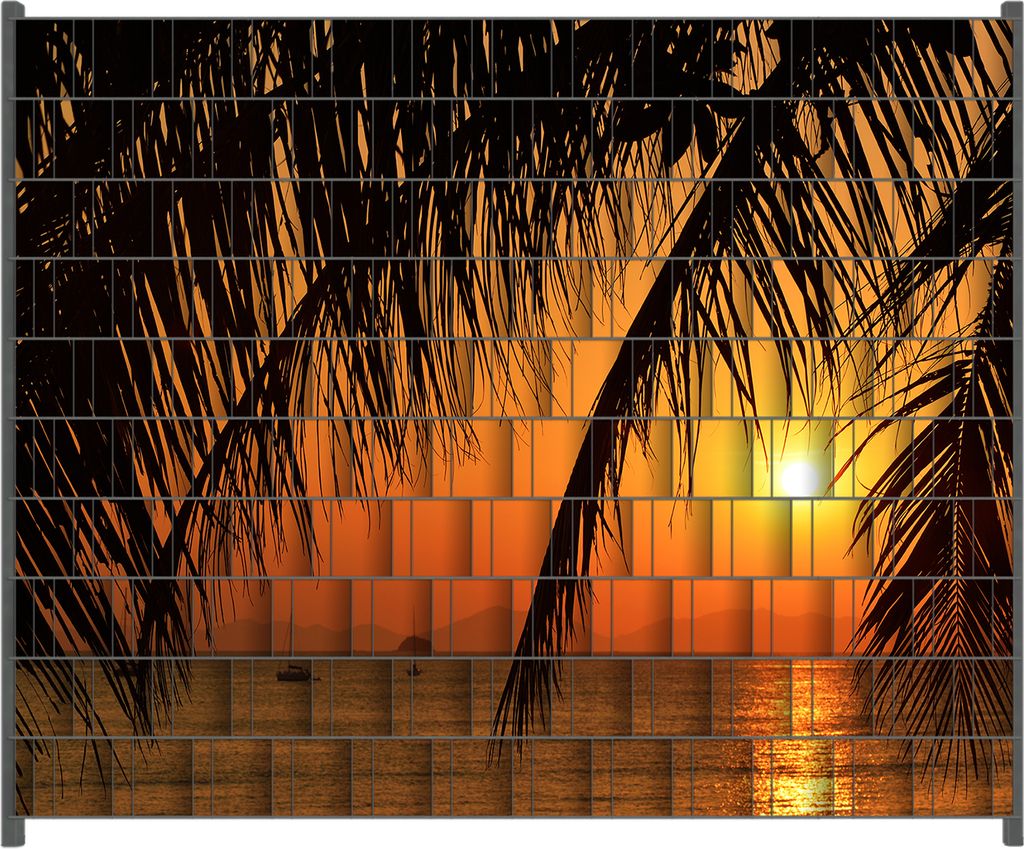 Wallario Zaunsichtschutz mit Motiv Sonnenuntergang unter Palmenblättern für Ein- und Doppelstabmatten Zäune in der Größe 250 x 200 cm