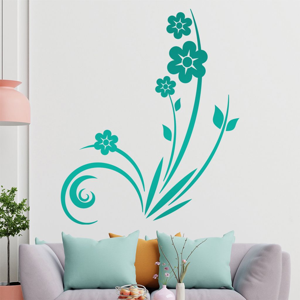 Pflanze mit Blüten - Blumen Wandtattoo in 6 Größen - Wandaufkleber Wall Sticker - Dekoration, Küche, Wohnzimmer, Schlafzimmer, Badezimmer
