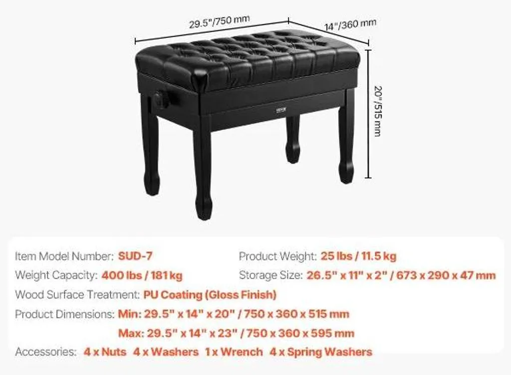 Siège de piano avec coffre de rangement et assise réglable noire