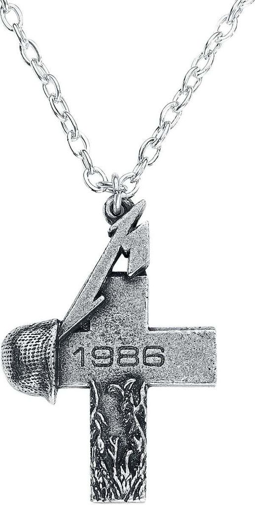 A silver-colored necklace with a pendant shaped like a cross with a helmet and the year 1986 inscribed on it.