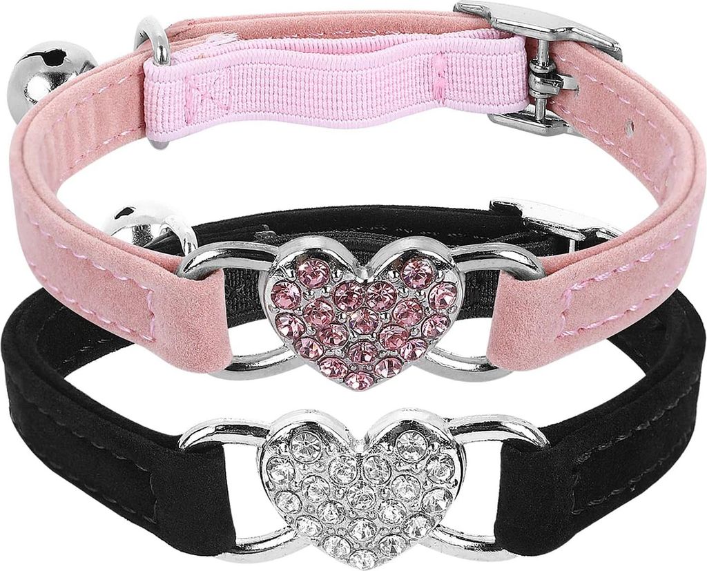 Bling Herz Katzenhalsband mit Glocke verstellbar für kleine Katzen und Hunde - Strass Haustierhalsband mit Sicherheitsgurt - Rosa und Schwarz - St...