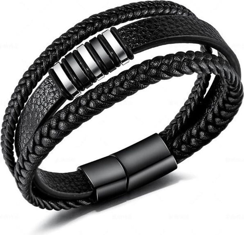 Schwarzes Lederarmband mit Stahlelementen, 21 cm Produktbild 
