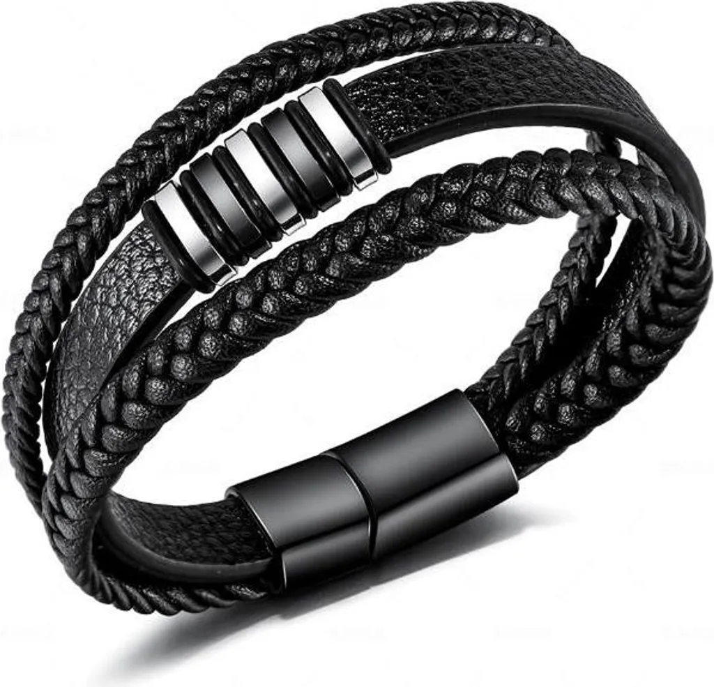 Bracciale in pelle nera con elementi in acciaio, 19 cm