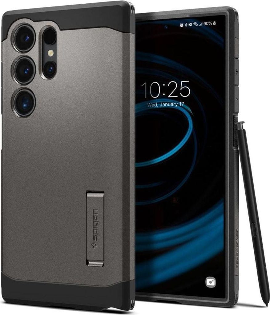 A smartphone case and phone are displayed together.