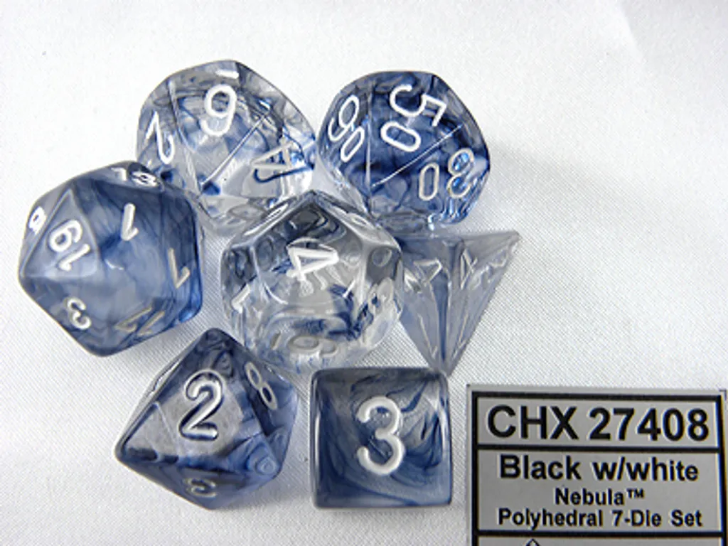 Dés Chessex Brouillard Black & White 7 Cube Set aux Finitions Premium