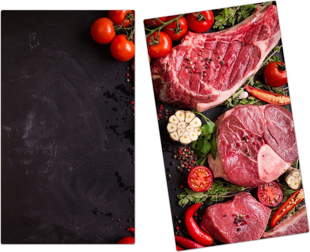 Spritzschutz Herdabdeckplatte Schneidebrett aus Glas Steak und Gemüse 2-Teilig (60x52cm)