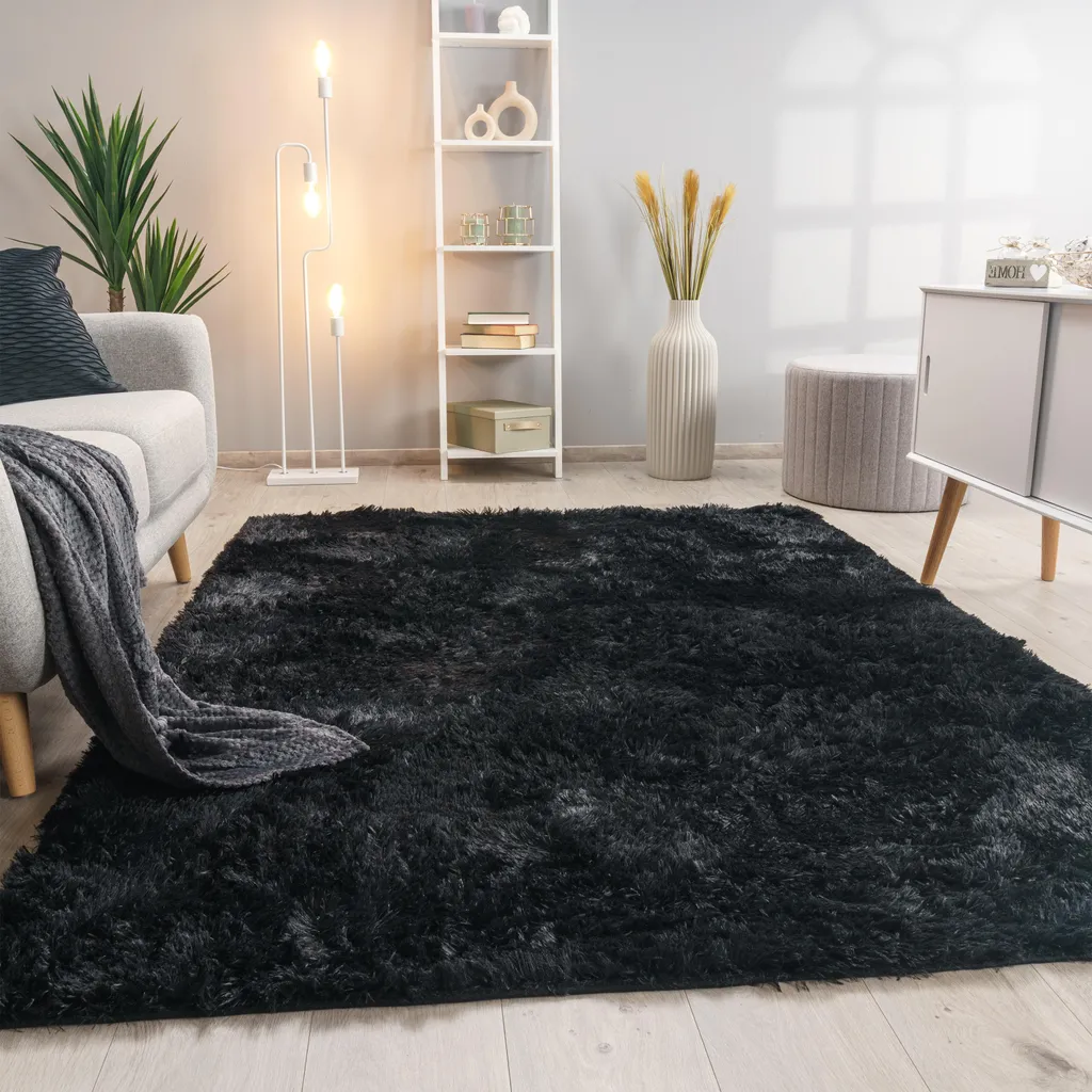Hochflor Teppich Schwarz 80x150 cm