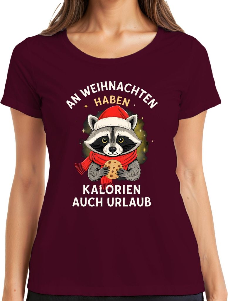 Weihnachten Kalorien haben Urlaub Waschbär Keks lustig Geschenk Damen T-Shirt, Burgundy, M