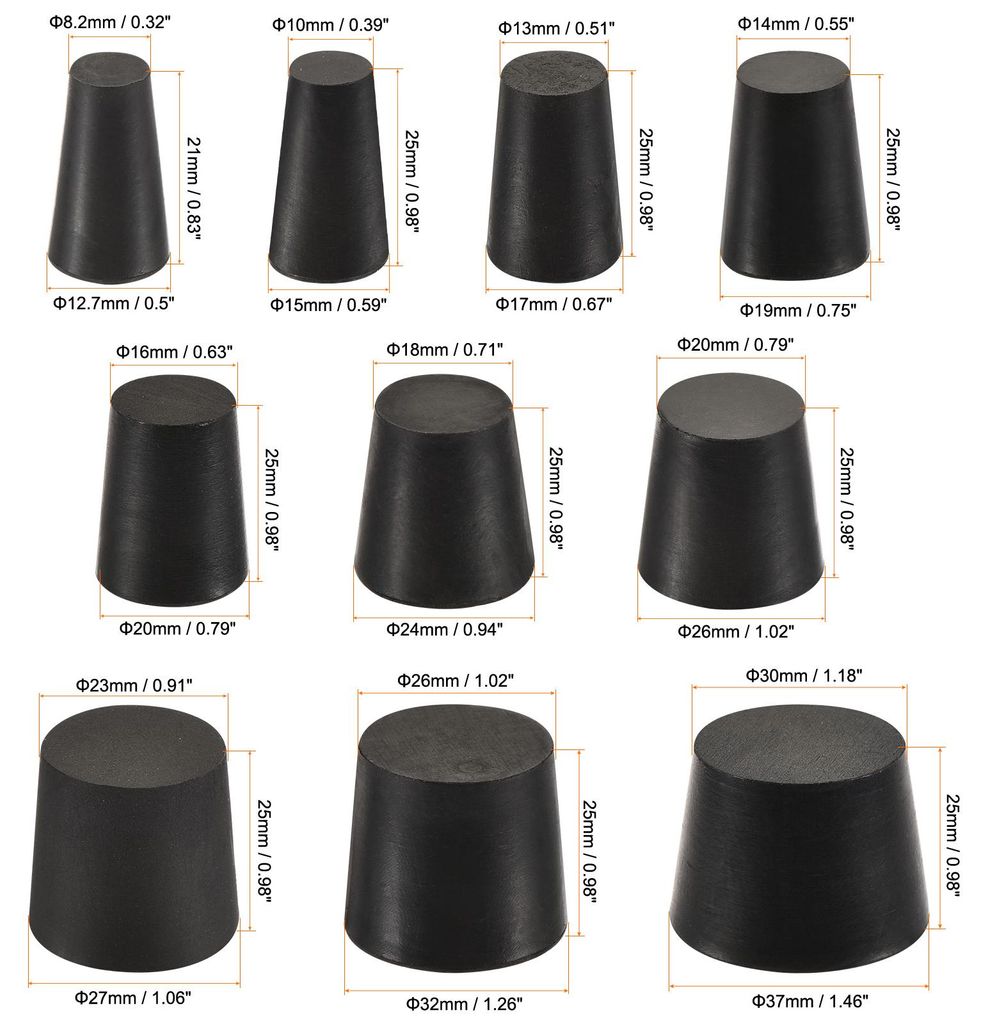 20in2 Sets Gummi Kegelstopfen Set 10 Gr??en reinem Schwarz fš¹r Labor Zuhause