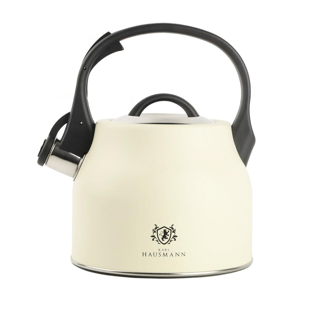 Wasserkocher Edelstahl 2,3L mit Pfeifton – Flötenkessel Beige mit Holzgriff – Für Induktion, Gas, Elektro – Teekessel Retro Design 510g