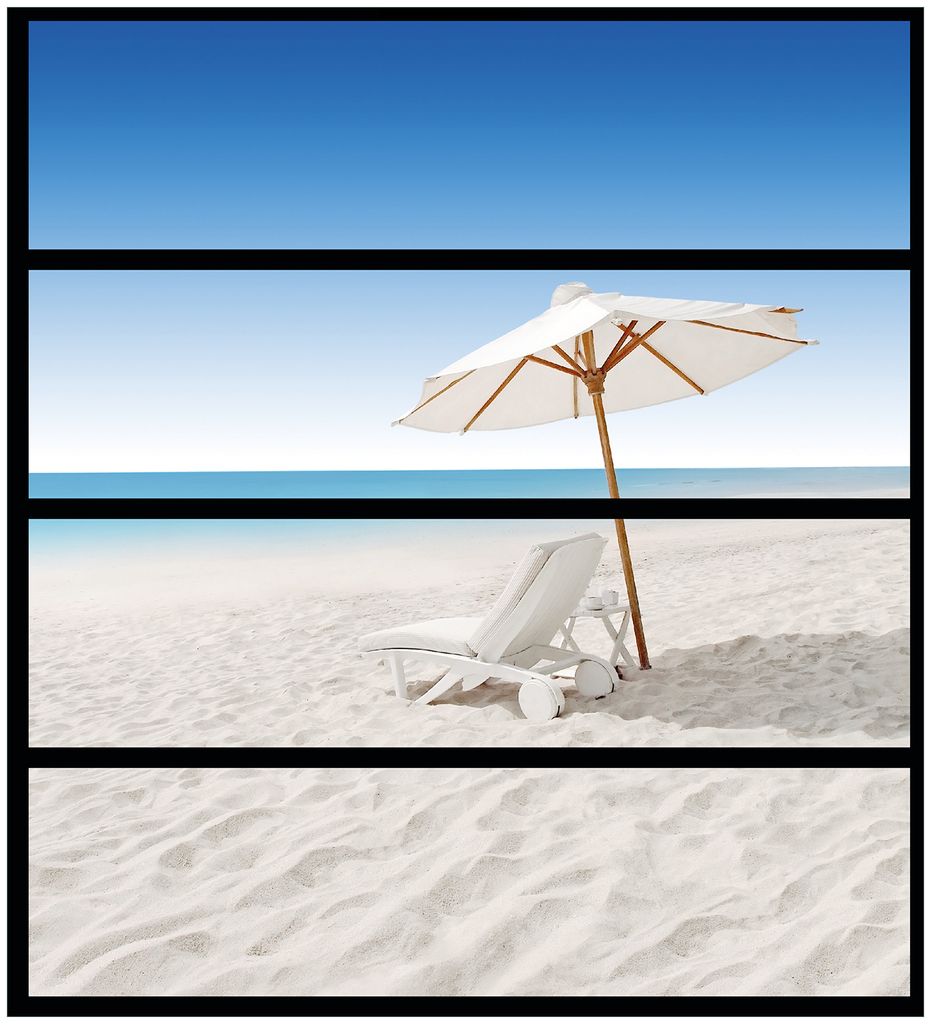 Wallario Möbelfolie / Aufkleber, geeignet für Ikea Malm Kommode mit 4 Schubfächern - Sonnenliege am weißen Strand unter blauem Himmel