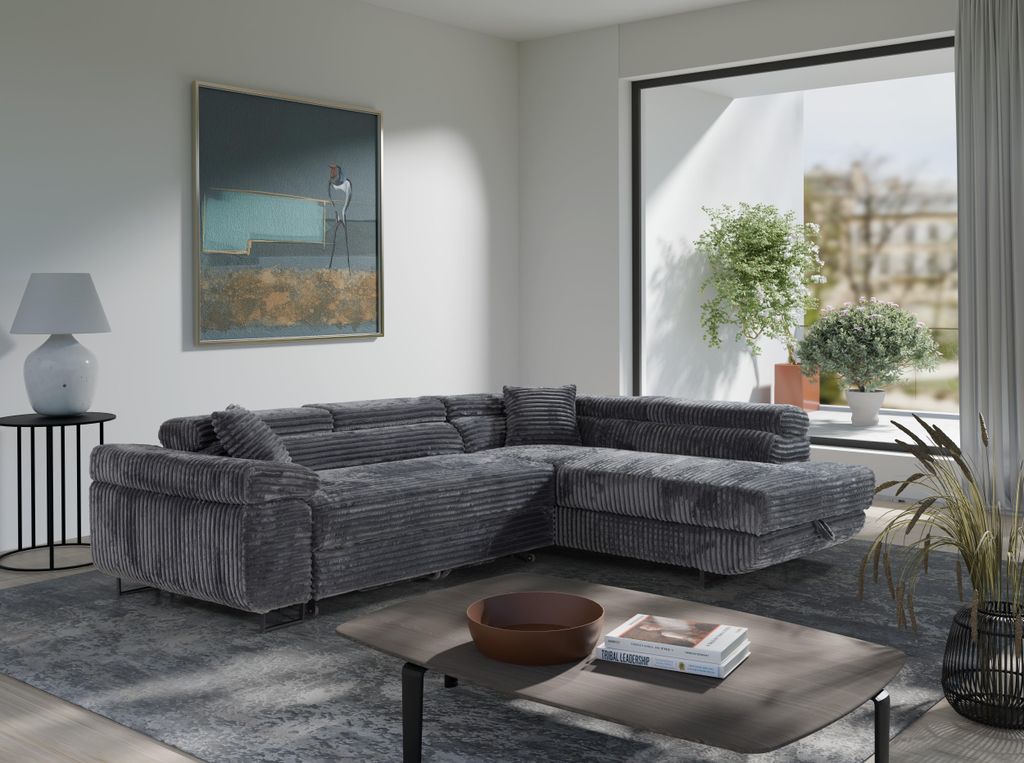 KSHOMECONCEPT Ecksofa SERENA L mit Schlaffunktion und Bettkasten, Rechts, Grau