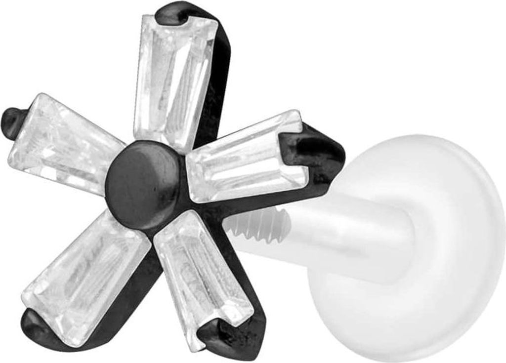 Ohrpiercing, Nasenpiercing PTFE Labret mit Innengewinde + Titan-Aufsatz KRISTALLBLUME Schwarz Stablänge: 8mm | Stabstärke: 1,6mm
