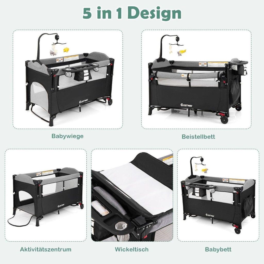 Wandelbares 5-in-1-Babybett mit Wickeltisch & Aufbewahrungstasche Schwarz