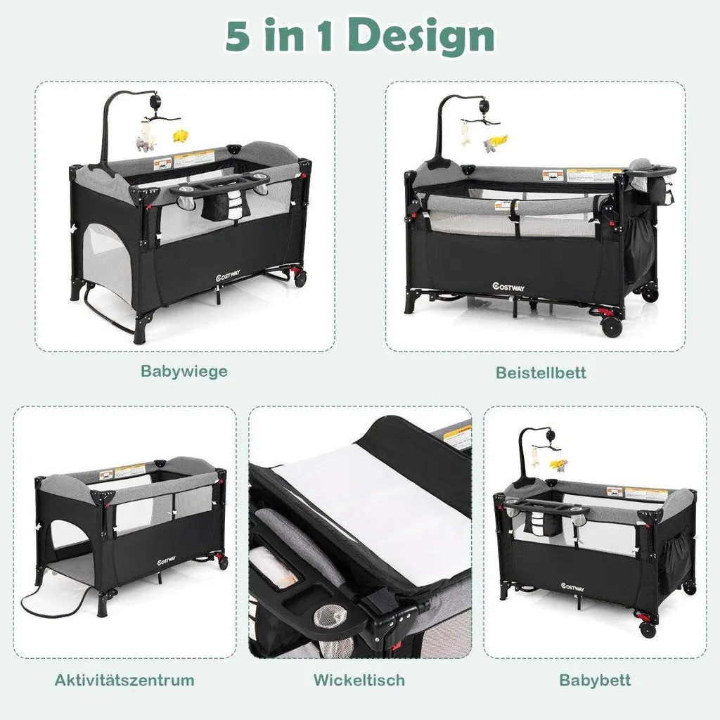 Lit bébé convertible 5 en 1 avec table à langer et sac de rangement Noir