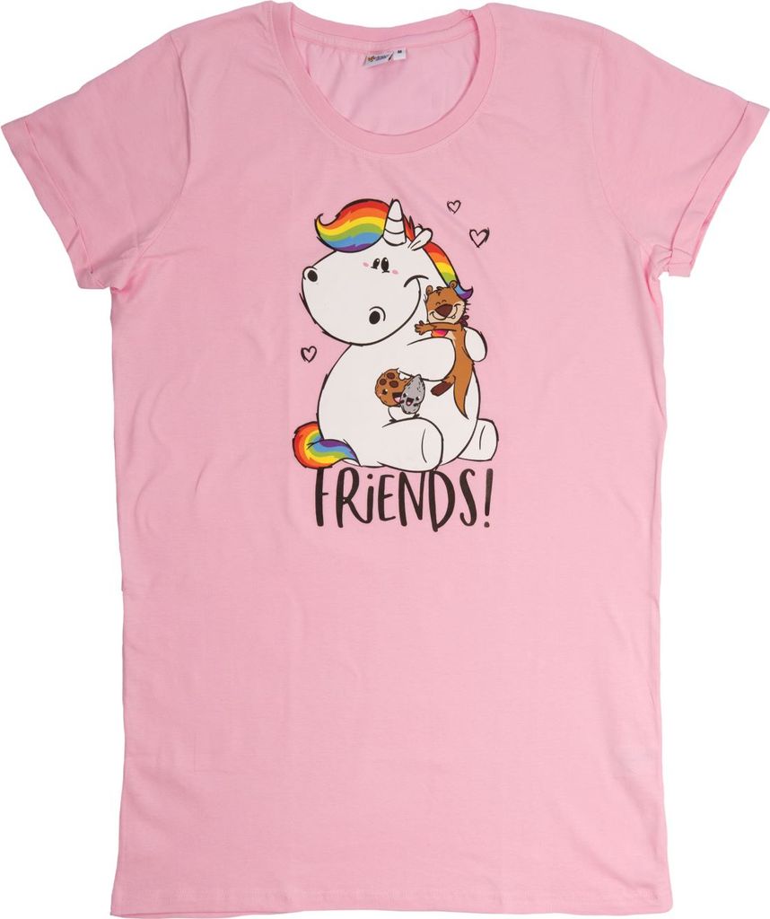 Pummel & Friends Schlafshirt für Damen Pummeleinhorn Nachthemd Pyjama kurzärmlig Oberteil Rosa XL