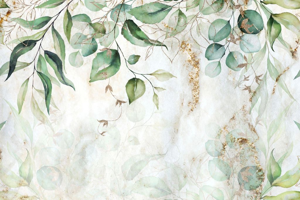 A decorative radiator cover with a botanical leaf design and gold accents, set against a textured, marble-like background.