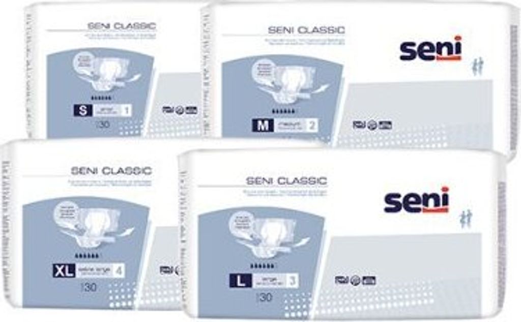 A collage of four different sizes of Seni Classic adult diapers.
