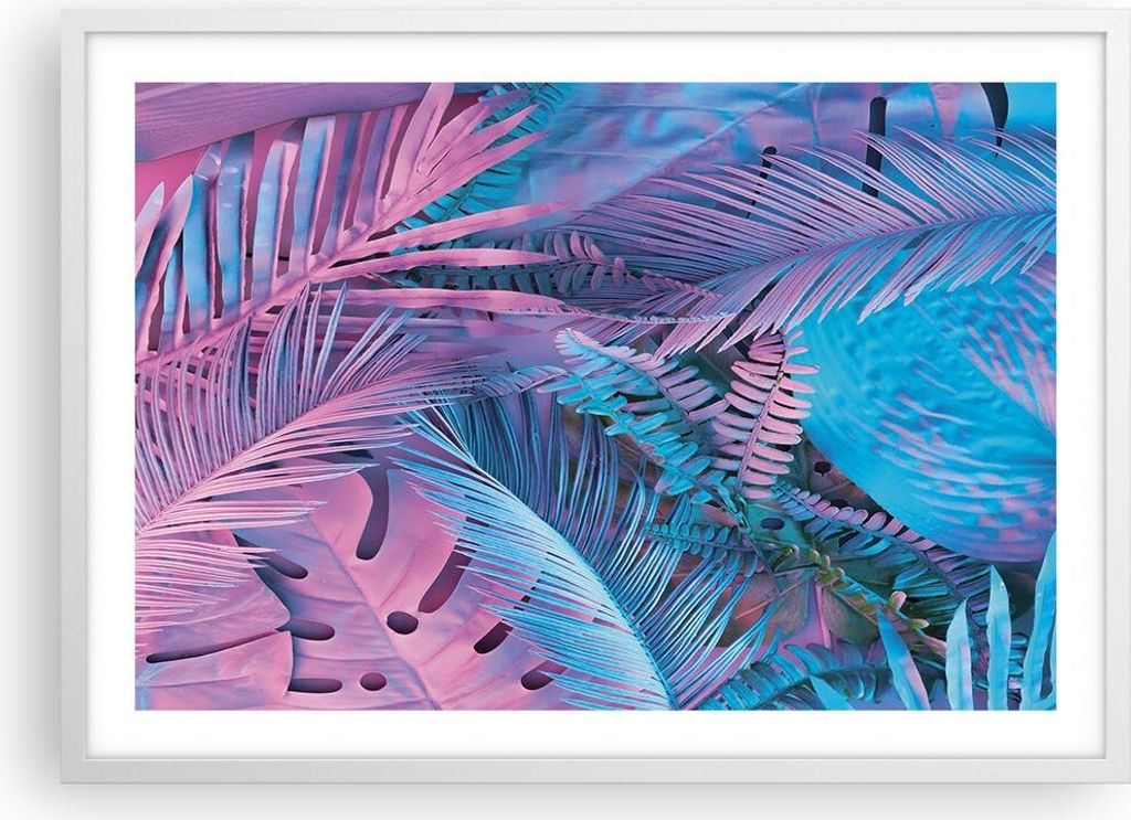 Gerahmtes Poster - Weißer Rahmen - Blätter Rosa Blau - 70x50 cm - Wand Bild - Wanddeko - Wandbilder - Kunstposter - Wandposter - Bilderrahmen - B...