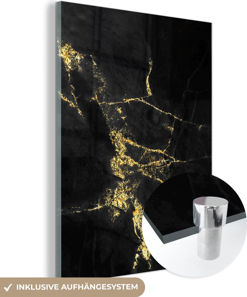 MuchoWow Glasbilder - Bilder auf Wandbild - Foto auf Glas Marmor - Schwarz - Gold - Luxus 30x40 cm Wanddekoration aus Glas - Acrylglasbild - Acrylb...