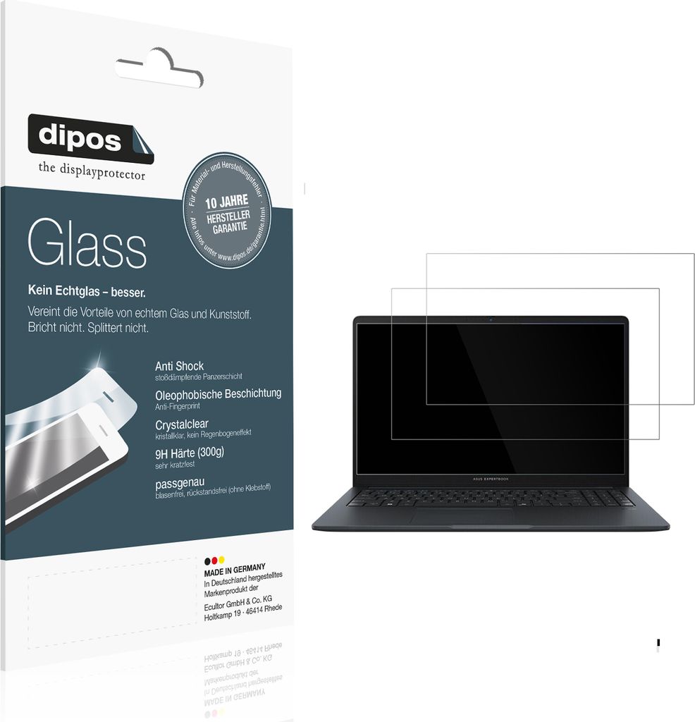 2x Schutzfolie für Asus Expertbook B1 BM1503 - Anti-Shock 9H Folie dipos Glass Kunststoffglas