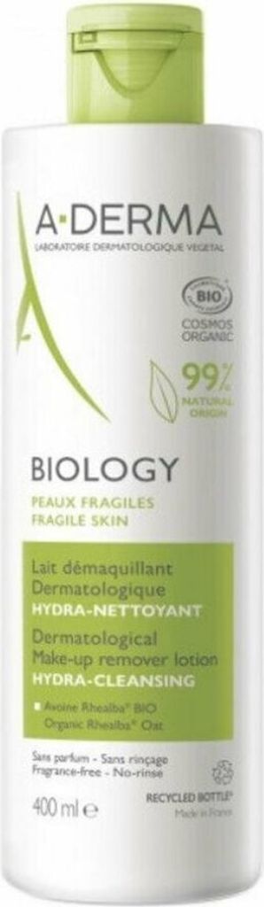 A bottle of A-Derma Biology Dermatological Make-Up Remover Lotion.