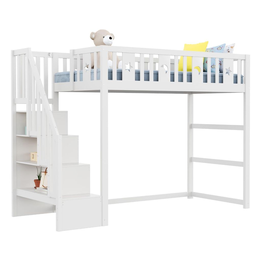 Etagenbett für Kinder 90*200 mit Treppe ,Hochbett aus Massivholz mit Sicherheitsgeländer, Stern- und Monddekoration.Weiß