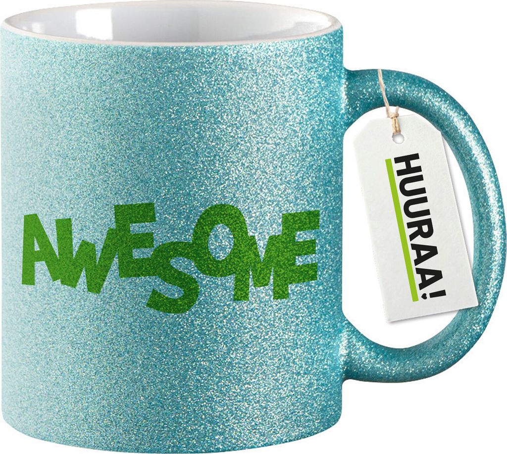 Huuraa Glitzertasse Awesome Schriftzug 330ml Blau Keramik Kaffeebecher Geschenkidee