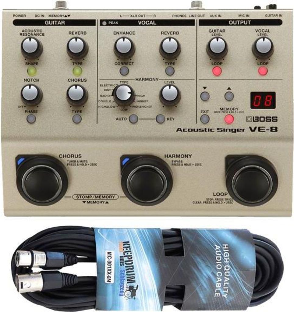 Boss Effektgerät VE-8 Acoustic-Singer mit XLR-Kabel