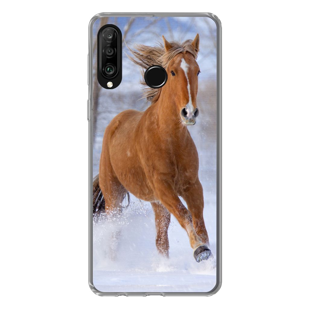 MuchoWow Handyhülle Schutzhülle Hülle für Huawei P30 Lite Pferd - Schnee - Braun Silikon Softcase Handy Hülle - Handyhülle