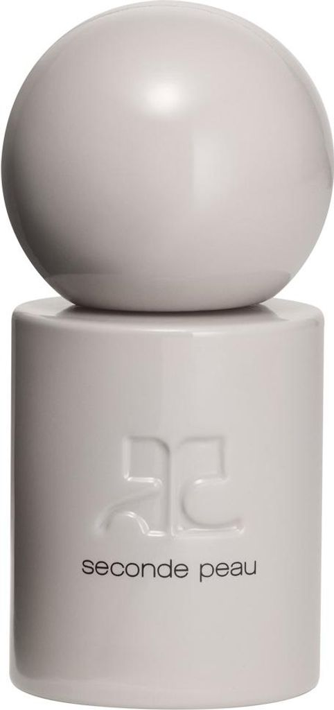 A light gray perfume bottle with a spherical cap.
